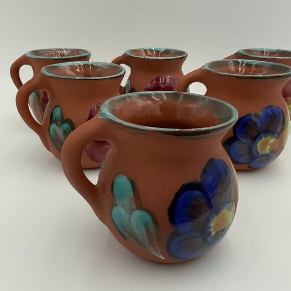 Set of 6 Mexican Clay Pottery Coffee Cup Chocolate Mug Hand Painted Flowers EUC - Picture 10 of 16
